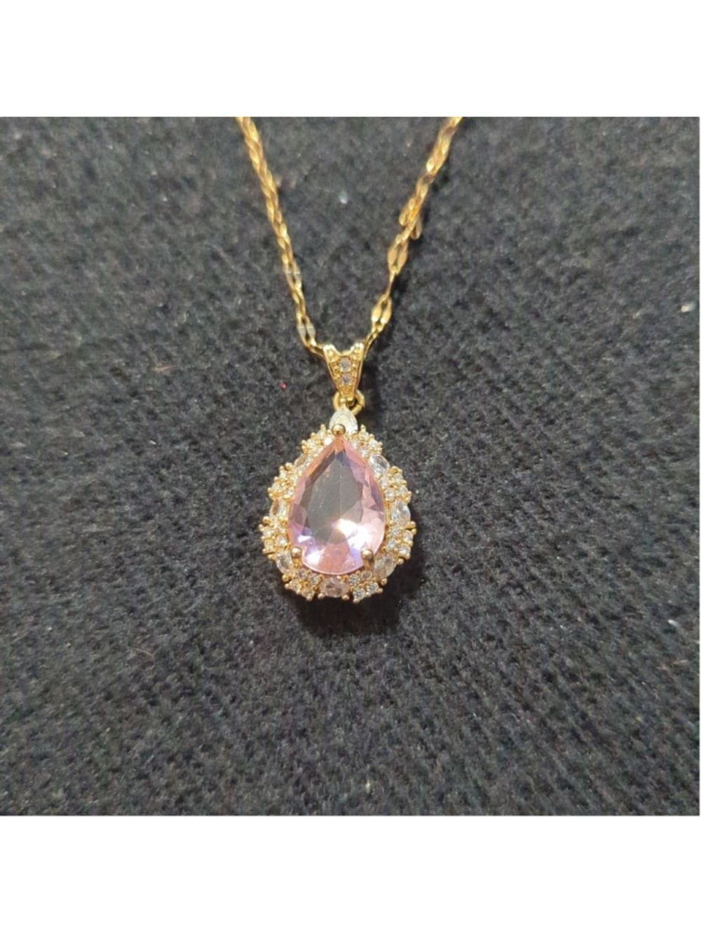 Gold Tone Pink and Clear Rhinestone Teardrop Dainty Pendant Statement Necklace